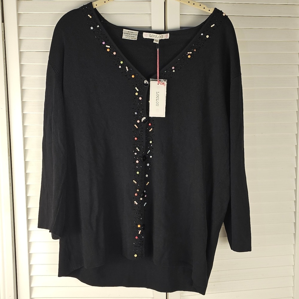 NWT Loulou‎ Womens Black Embellished V Neck Cardigan Sweater 3X